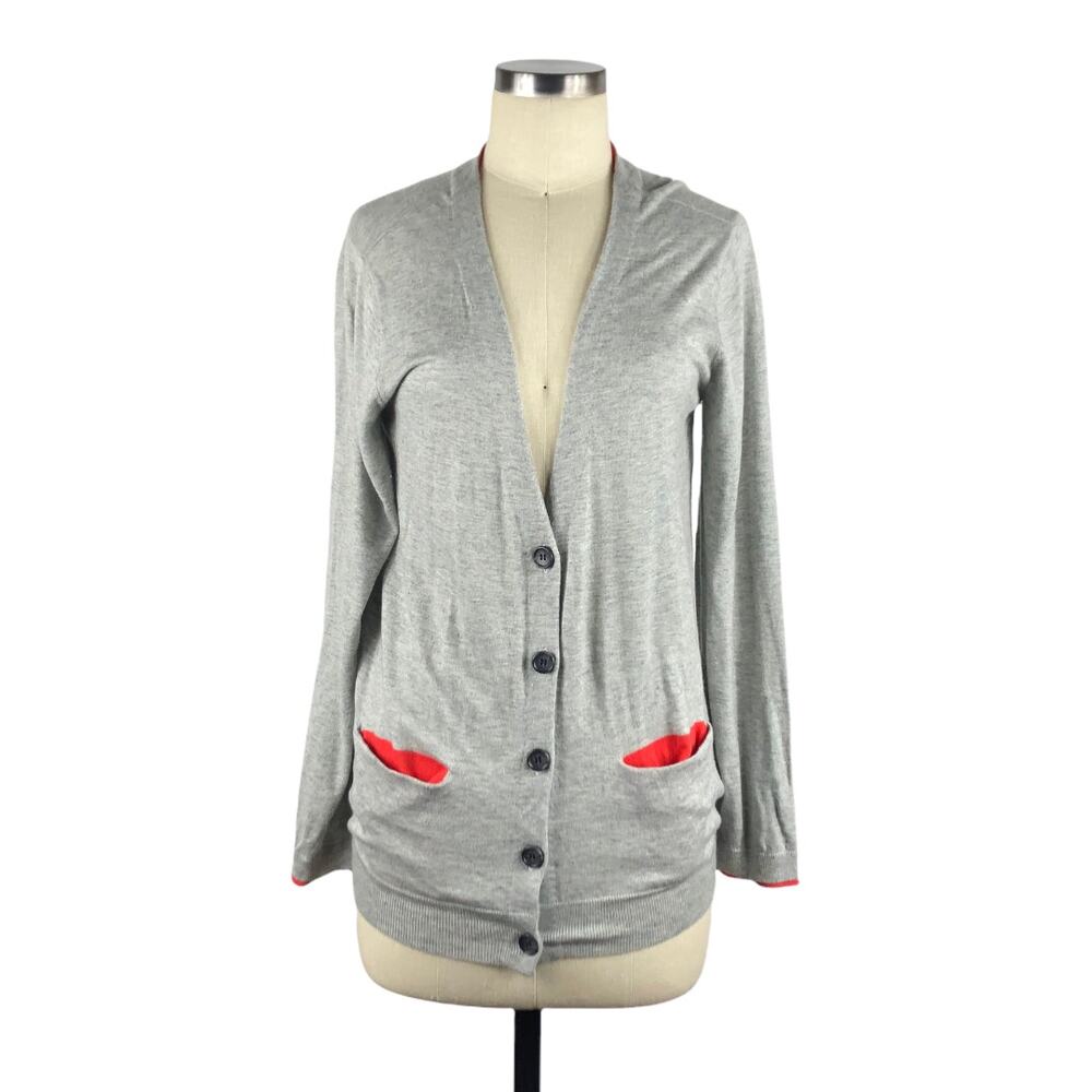 JOIE Gray Cardigan Sweater Button Down Preppy Size‎ Medium Red Trim